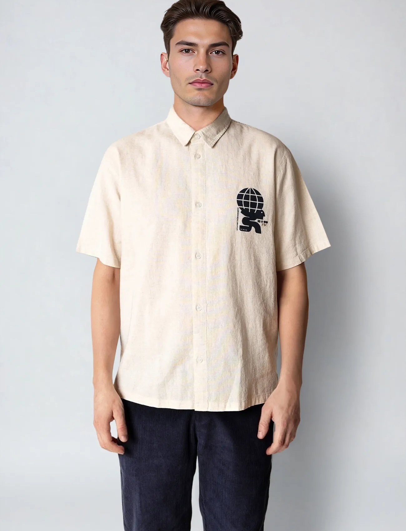 Fat Moose Ian Cotton Linen Shirt Ss, S, Beige, Skjorter > Kortærmede Shirts, Herre