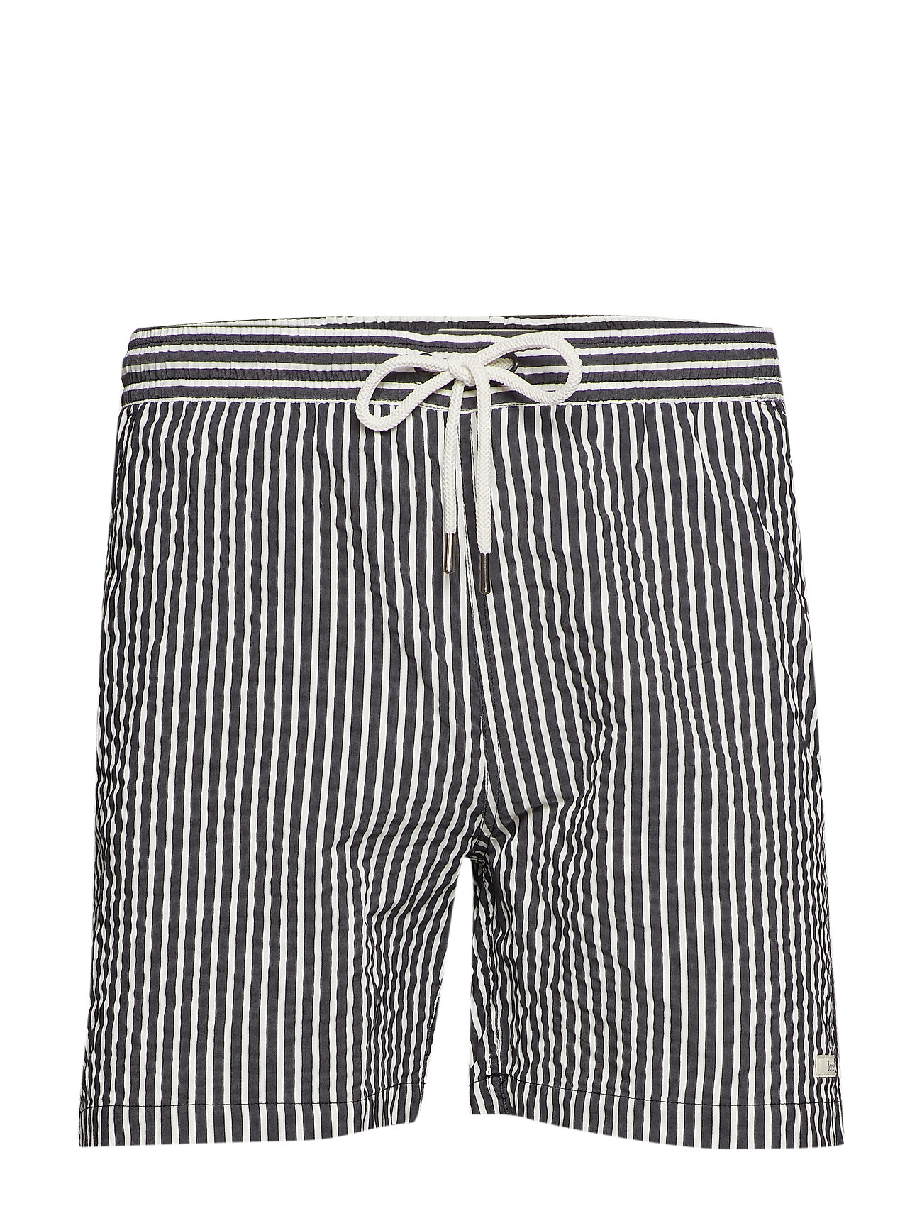 black and white striped swim shorts