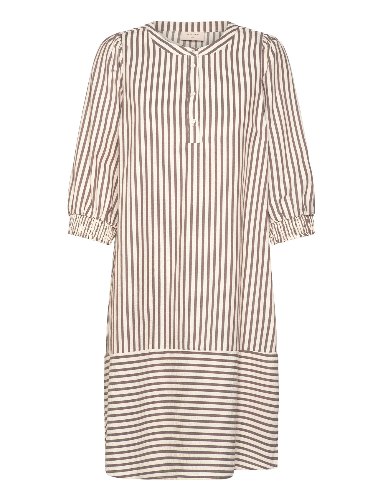 FREE/QUENT Dress From Freequent In A Lightly Embossed Material With Stripes. The Dress Has Beige