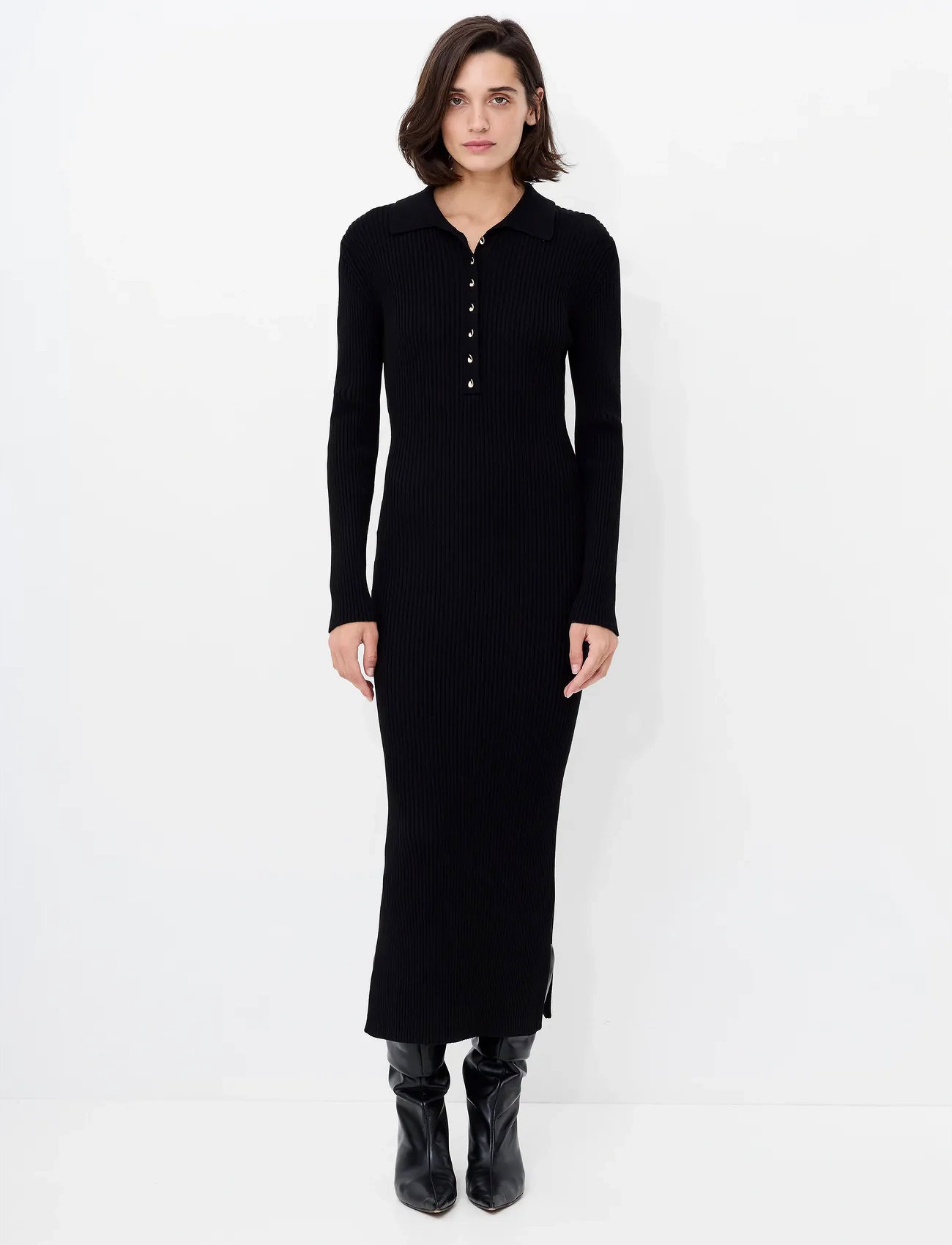 French Connection Mari L/S Collared Midi Dress, S, Black, Kjoler > Knælange Og Midi, Dame