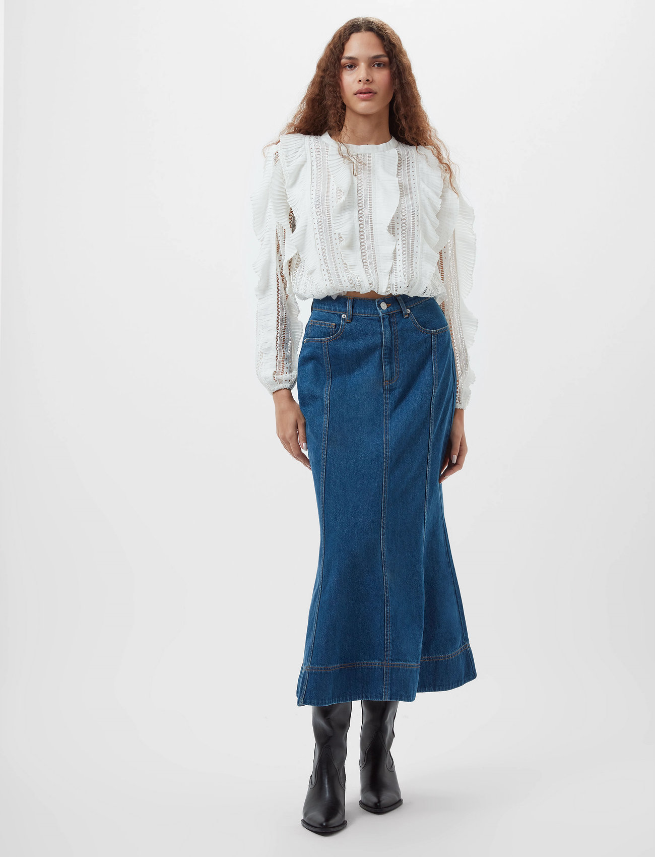 French Connection Denver Denim Flare Midi Skirt, 38, Blue, Nederdele > Knælange Og Midi Nederdele, Dame
