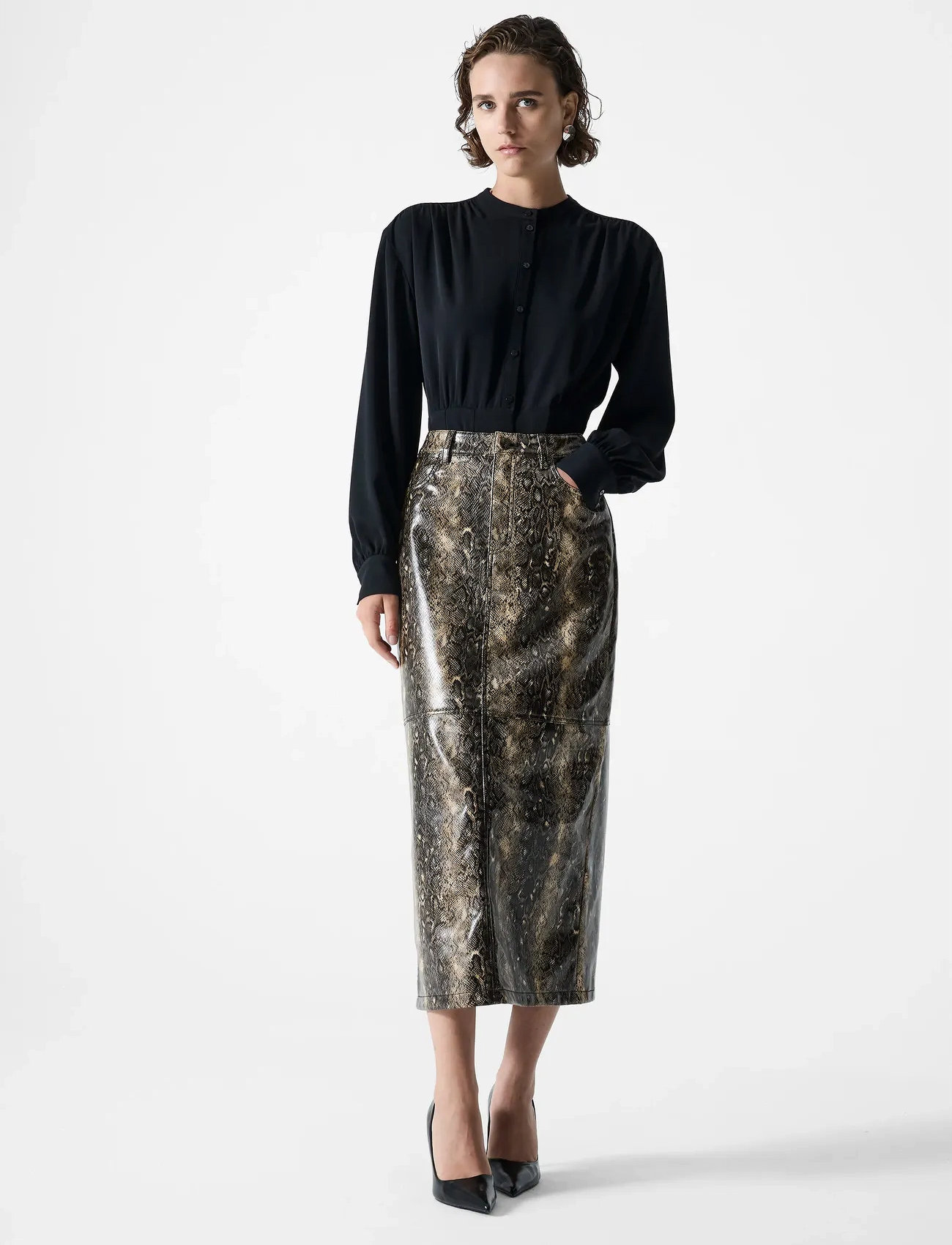 French Connection Brandy Snakeskin Pu Midi Skirt, 38, Beige, Nederdele > Knælange Og Midi Nederdele, Dame