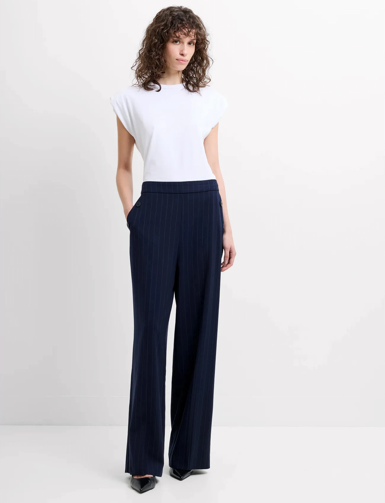 French Connection Alia Pinstripe Button Detail, 40, Navy, Bukser > Brede Ben, Dame