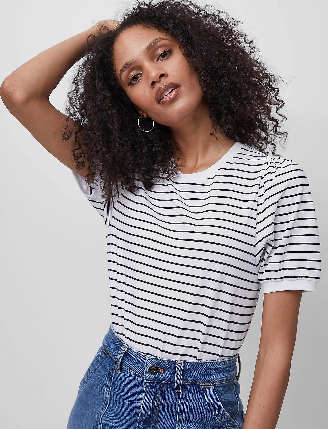 French Connection - STRIPE PUFF SLEEVE TEE - t-shirts - summer wh/util blue - 0