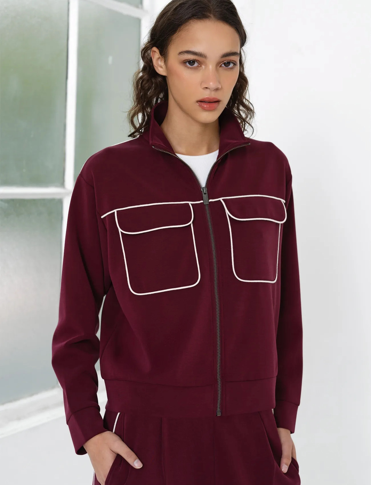 French Connection Wren Jersey Zip Up L/S Sweat, M, Burgundy, Sport Jackets > Sport Training Jackets, Dame