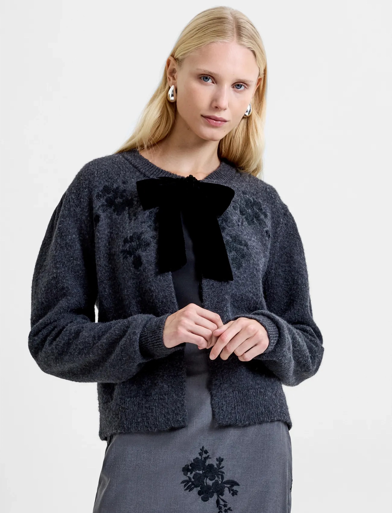 French Connection Irma Front Bow Cardigan, M, Grey, Strik > Cardigans, Dame