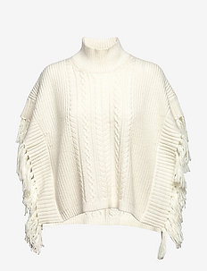 LACEY FRINGED ROLL NECK DRESS - ponchos & capes - classic cream