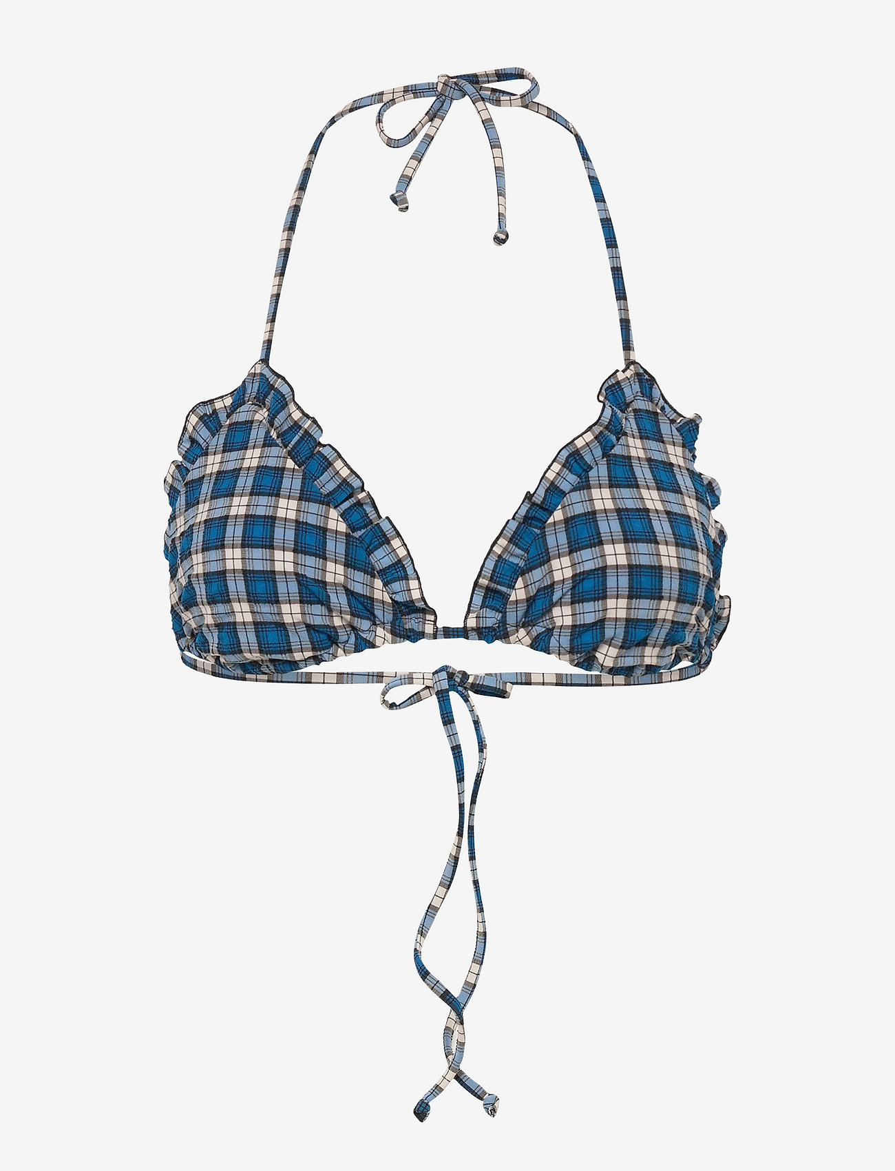 Ganni - Recycled Seersucker Frill String Bikini Top - trekantsbikinier - check azure blue - 0