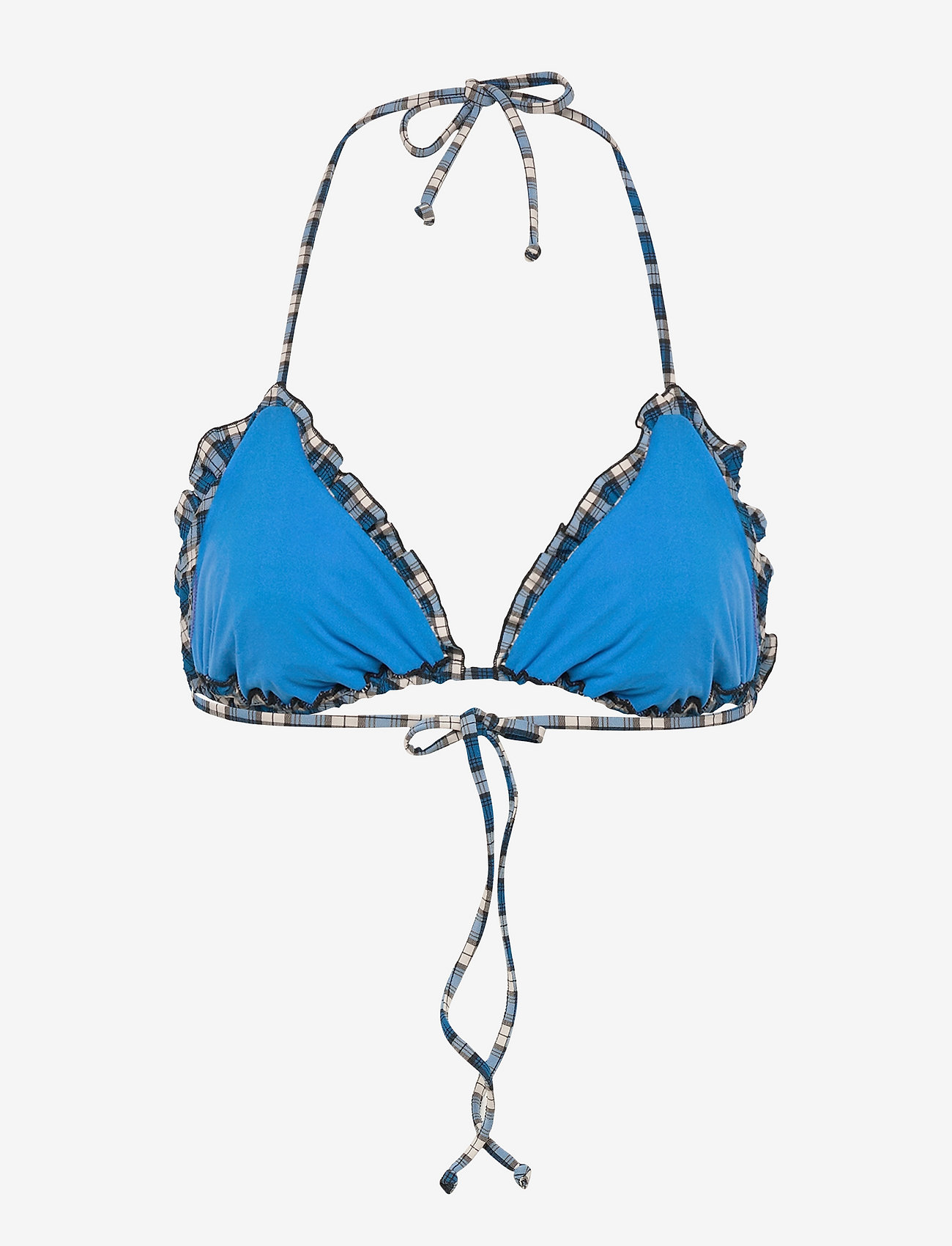 Ganni - Recycled Seersucker Frill String Bikini Top - trekantsbikinier - check azure blue - 1