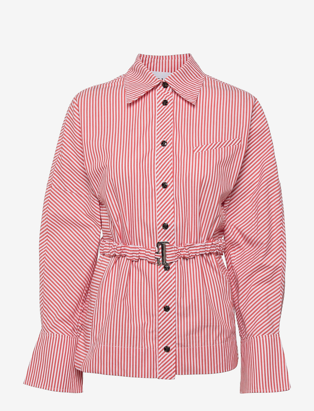 Ganni - Stripe Cotton Detachable Belt Shirt - denimskjorter - thin stripe orangedotcom - 0