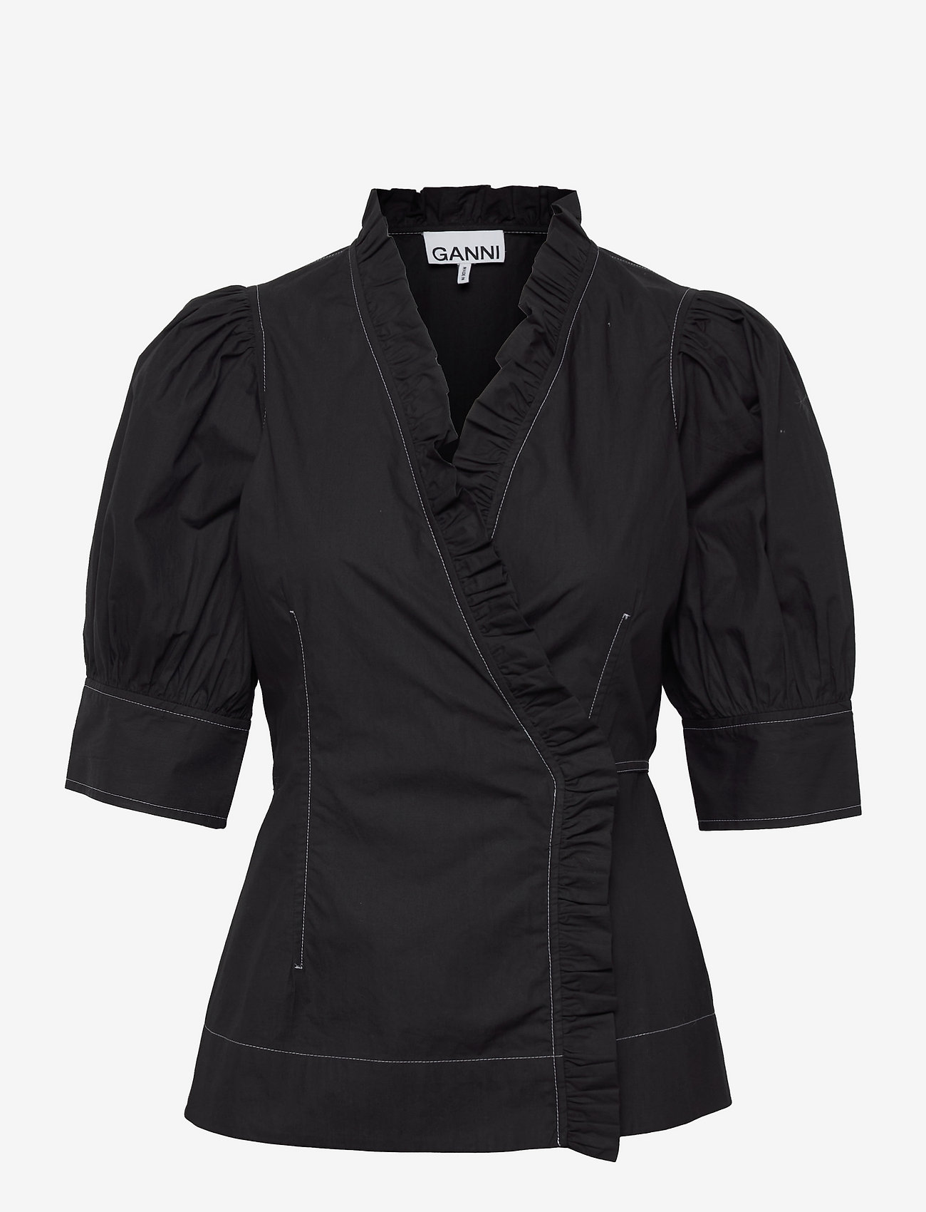 Ganni - Cotton Poplin Short Sleeve Wrap Shirt - kortærmede bluser - black - 0