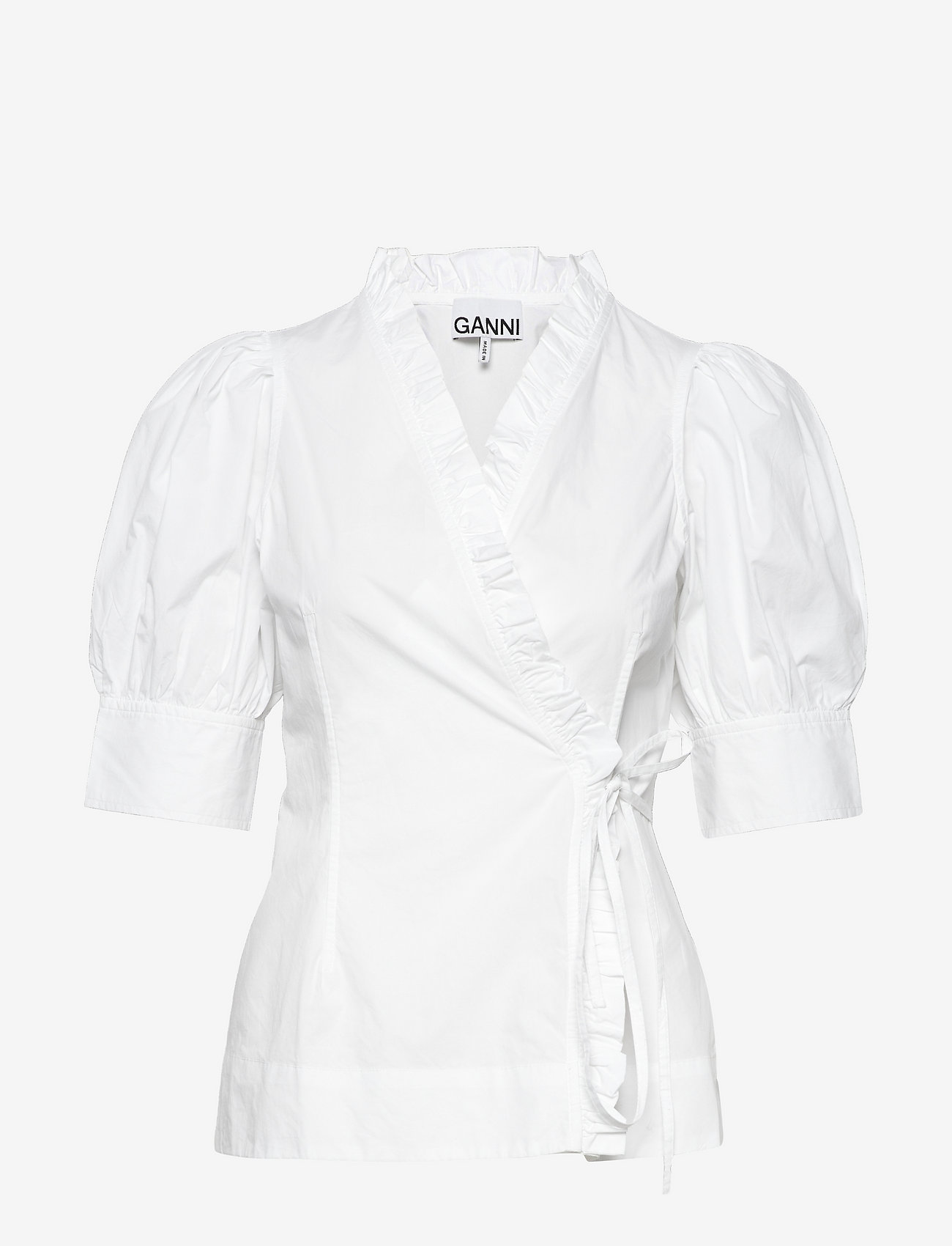 Ganni - Cotton Poplin Short Sleeve Wrap Shirt - kortærmede bluser - bright white - 0