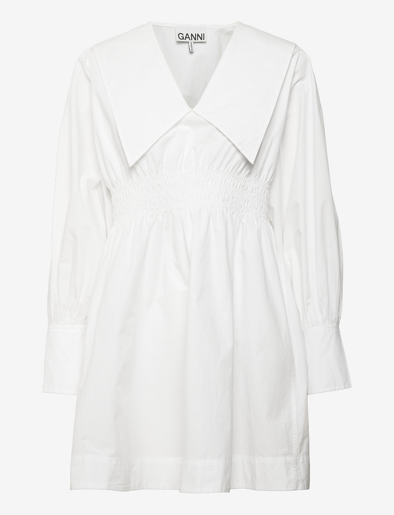 Ganni - Cotton Poplin V-neck Smock Mini Dress - sommerkjoler - bright white - 0