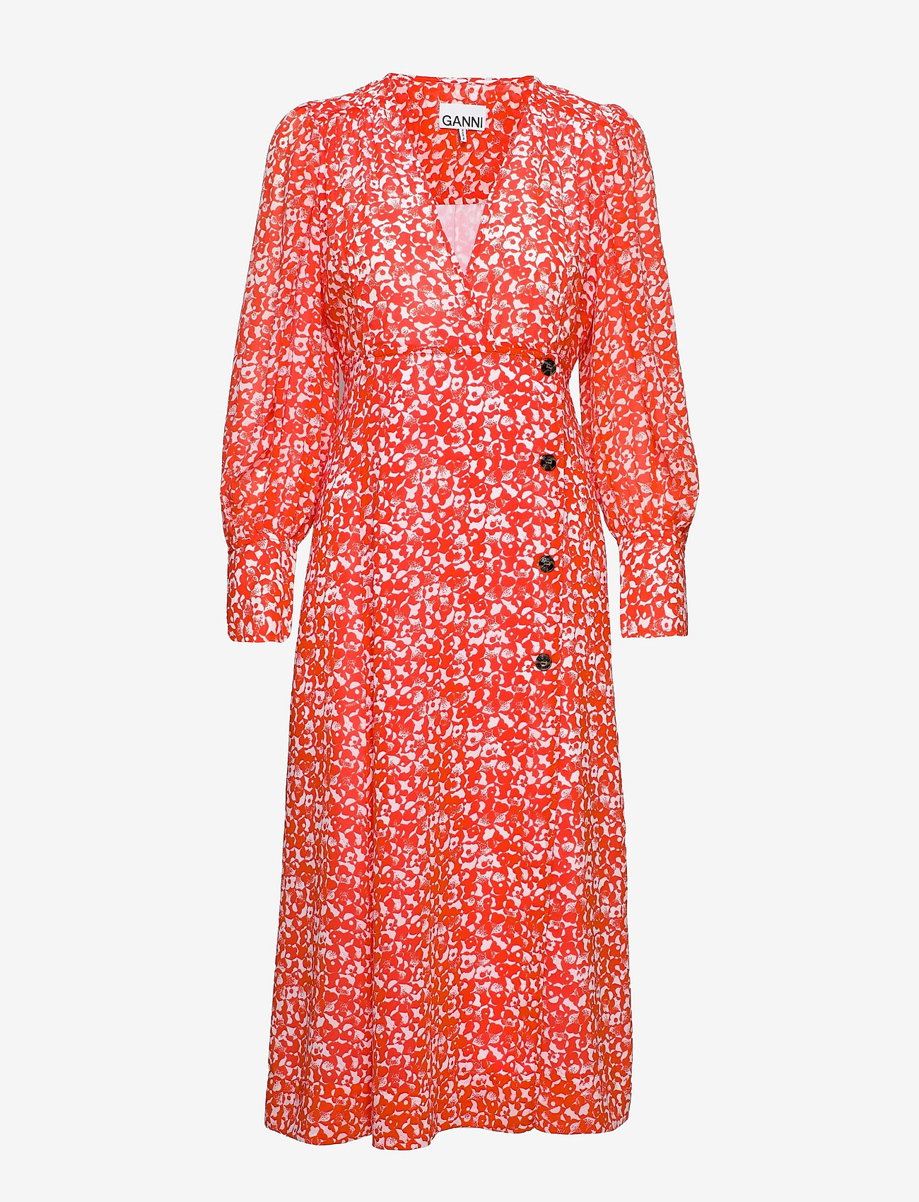 Ganni - Printed Light Crepe Deep V-neck Wrap Dress - sommerkjoler - mini floral orangedotcom - 0