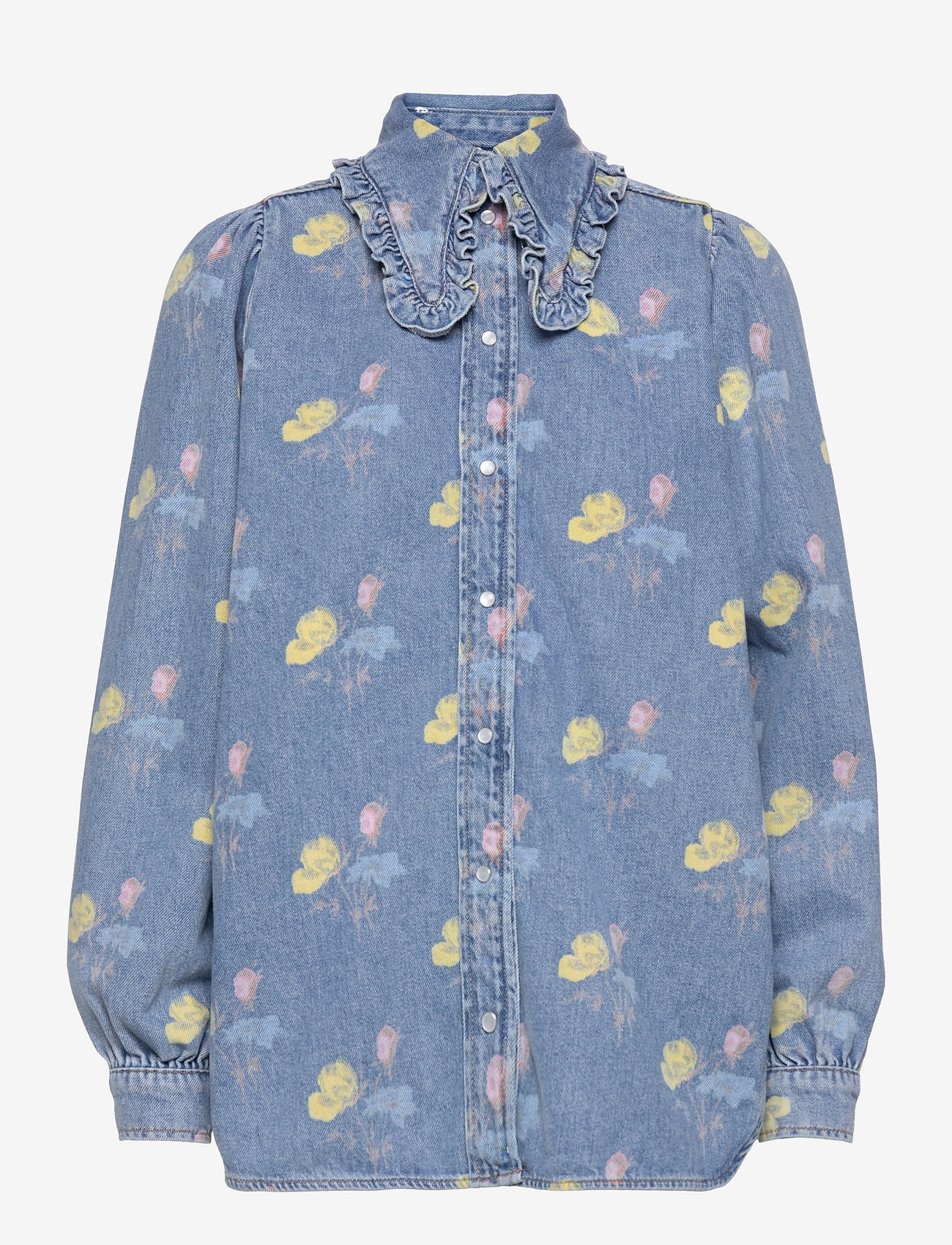 Ganni Print Indigo Frill Collar Shirt 
