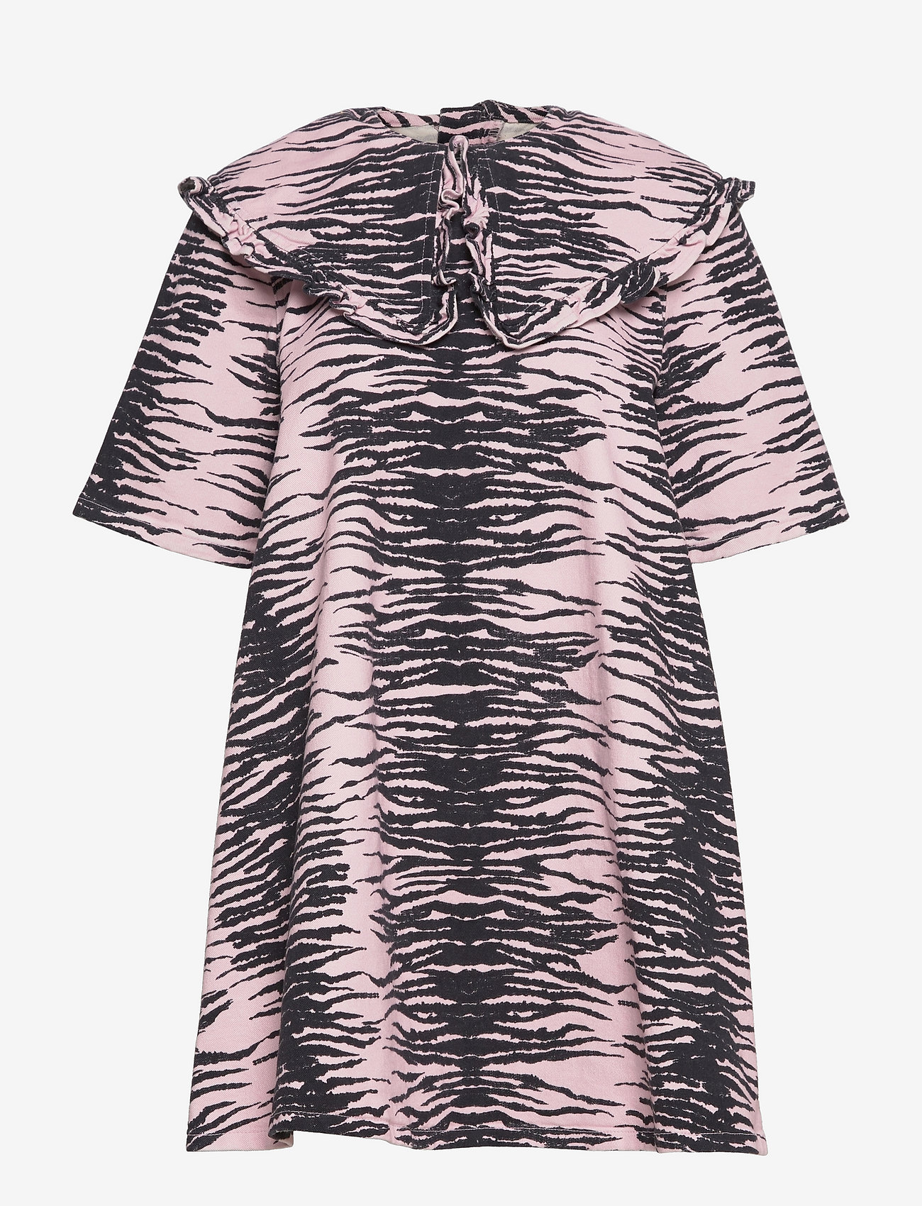 Ganni - Print Denim Frill Collar Mini Dress - kortærmede bluser - tiger stripe light lilac - 0