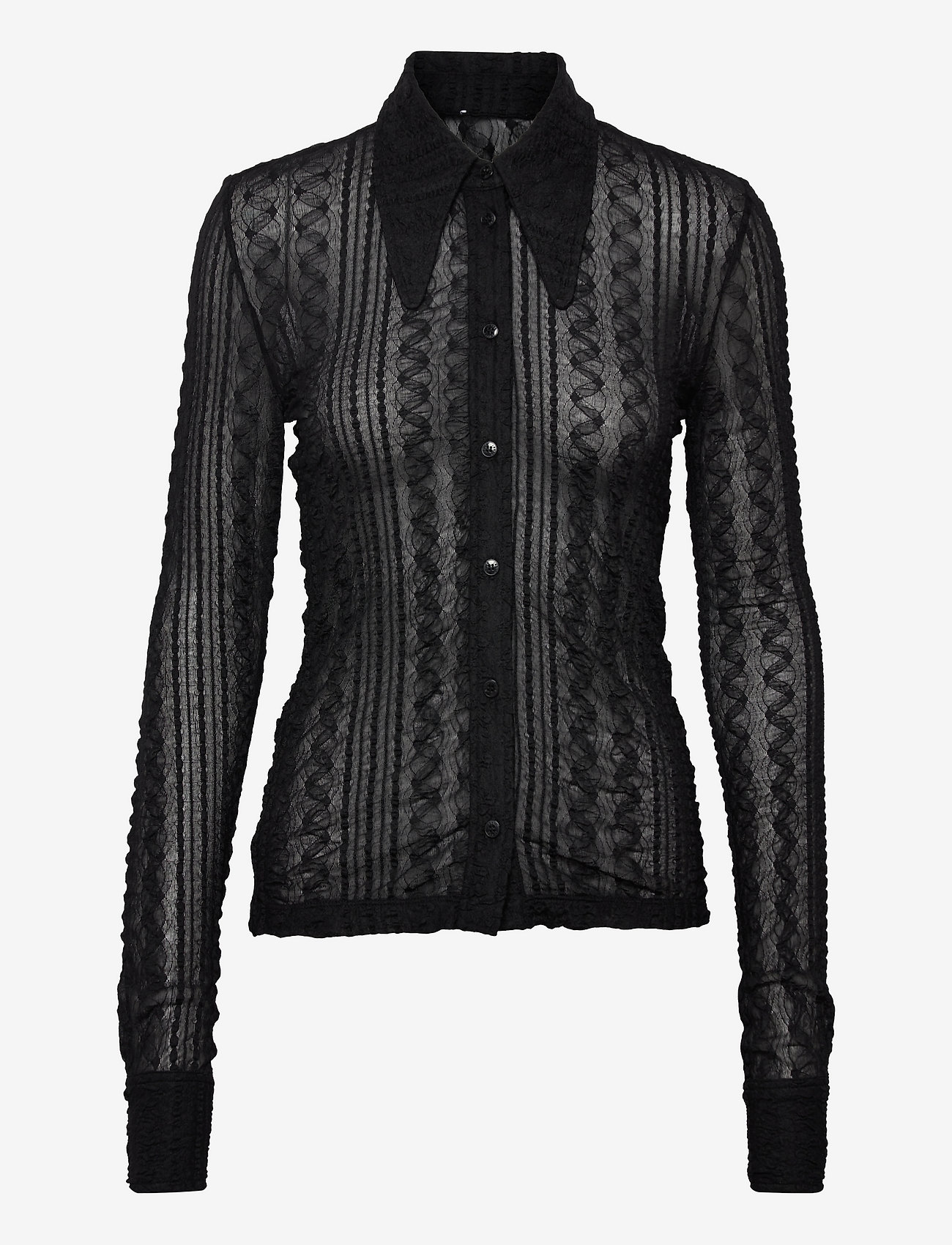 Ganni - Stretch Lace Jersey Shirt - langærmede bluser - black - 0