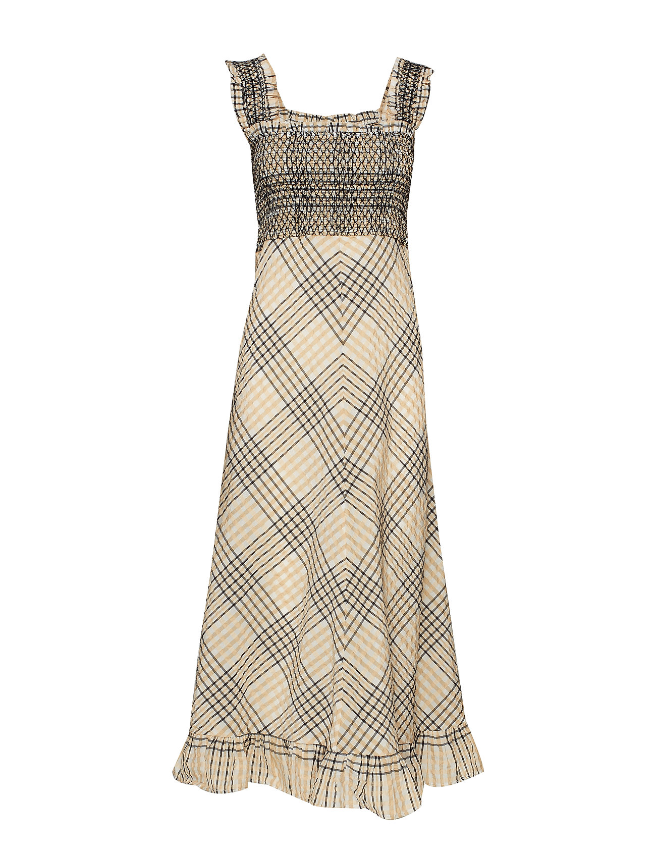 Seersucker Check Maxi Dress Jurk Knielengte Beige Ganni ganni kopen in de aanbieding