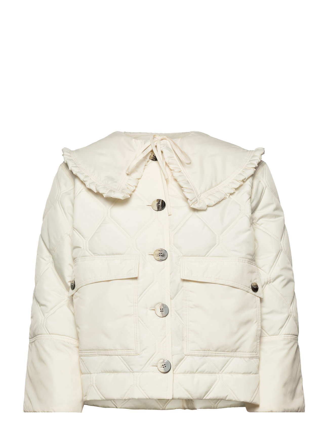 Ganni Shiny Puff Hood Midi Jacket (Buttercream), 1884.35 kr | udvalg af designer mærker | Booztlet.com