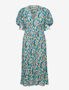 Pleated Georgette V-neck Smock Midi Dress - robes d'été - floral azure blue