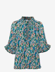 Pleated Georgette Ruffle V-neck Raglan Blouse - blouses à manches longues - floral azure blue