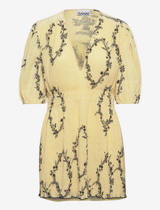 Pleated Georgette V-neck Smock Mini Dress - robes d'été - floral shadow flan