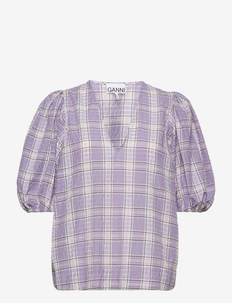 Seersucker Check V-neck Blouse - blouses met korte mouwen - check persian violet