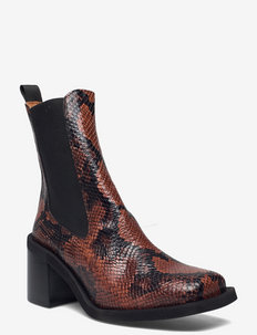 Embossed Snake - heeled ankle boots - cognac