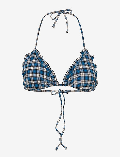 Recycled Seersucker Frill String Bikini Top - triangle bikinis - check azure blue
