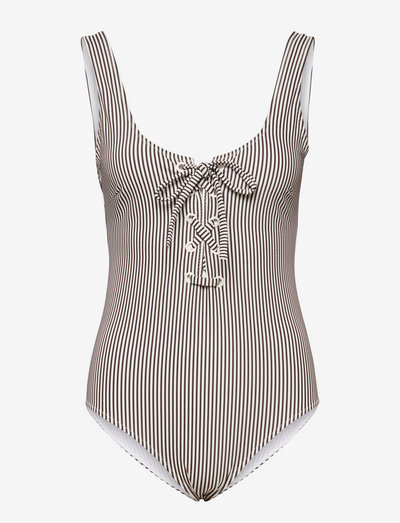 Recycled Stripe Tie-front Swimsuit - badeanzüge - egret