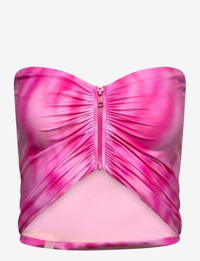 Recycled Printed Zipper Bikini Top - bikini bandeau - dreamy daze phlox pink