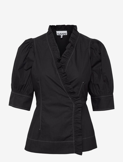 Cotton Poplin Short Sleeve Wrap Shirt - short-sleeved blouses - black