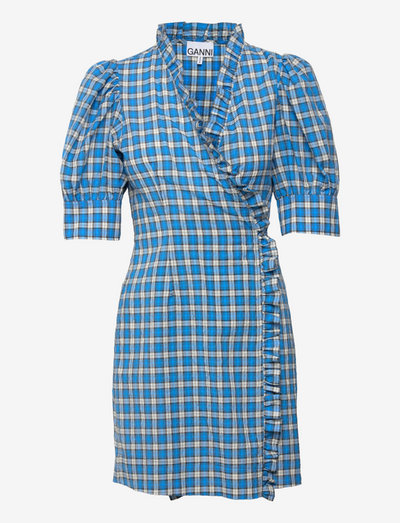Seersucker Check Wrap Ruffle Mini Dress - sumar dress - check azure blue