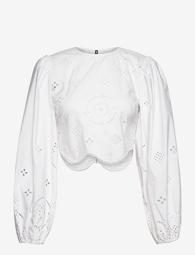 Broderie Anglaise Short Fitted Blouse - long sleeved blouses - bright white