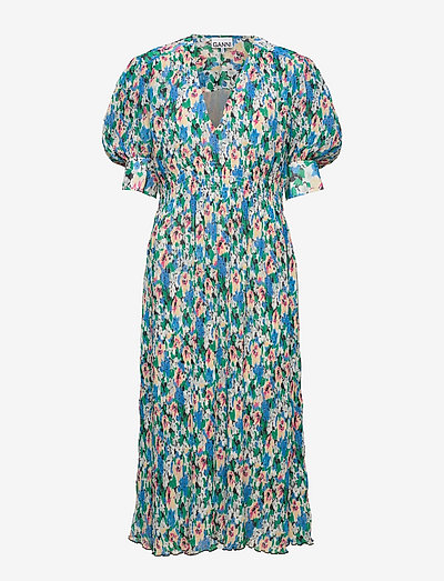 Pleated Georgette V-neck Smock Midi Dress - midi garuma kleitas - floral azure blue