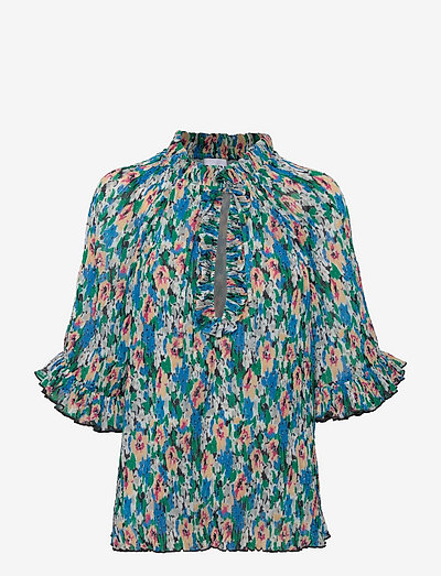Pleated Georgette Ruffle V-neck Raglan Blouse - blouses met lange mouwen - floral azure blue