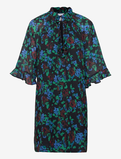 Printed Light Crepe Ruffle V-neck Dress - sukienki letnie - meadow azure blue