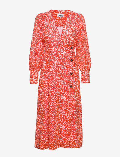 Printed Light Crepe Deep V-neck Wrap Dress - sumar dress - mini floral orangedotcom