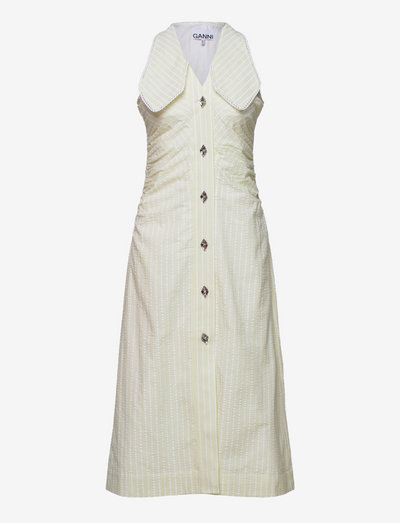 Light Seersucker Stripe Gathered V-neck Dress - alledaagse jurken - stripe flan