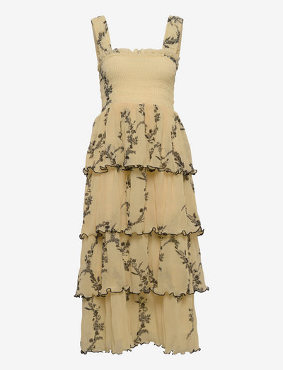 Pleated Georgette Flounce Smock Midi Dress - sumar dress - floral shadow flan