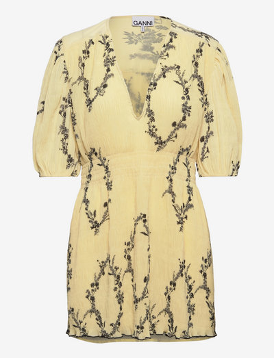 Pleated Georgette V-neck Smock Mini Dress - zomerjurken - floral shadow flan