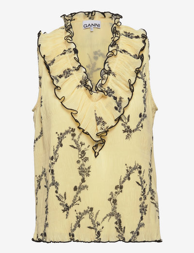 Pleated Georgette Ruffle V-neck Top - bluzki bez rękawów - floral shadow flan