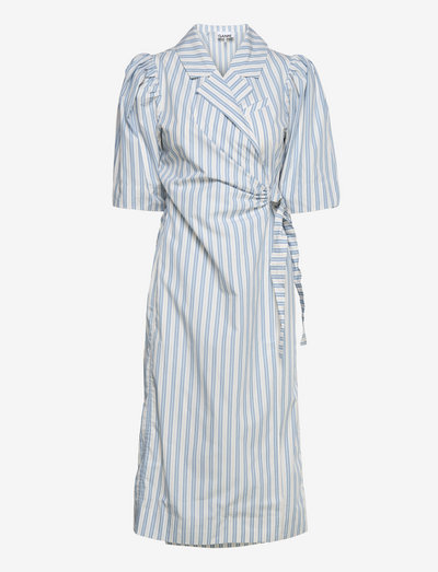 Stripe Cotton Drapy Wrap Dress - ganni pre fall 2022 - forever blue
