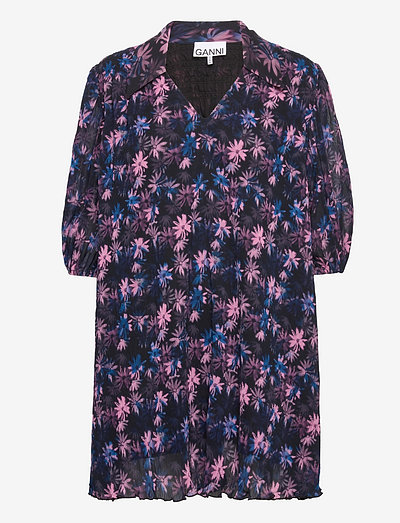 Pleated Georgette V-neck Mini Dress - robes d'été - daisy spray lilac sachet