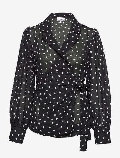 Printed Light Crepe Wrap Shirt - blouses à manches longues - black
