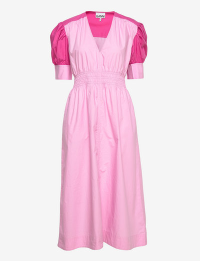 Block Cotton Poplin Midi V- neck Smock Dress - sommerkjoler - phlox pink