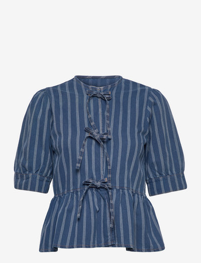 Light Stripe Denim Peplum Blouse - blouses à manches courtes - tint wash