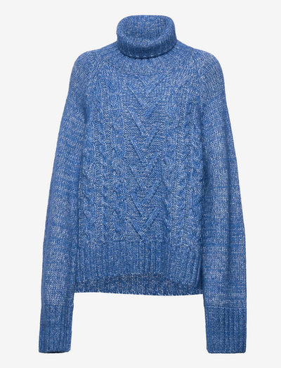 Chunky Cable Oversized Highneck Pullover - rullekraver - nautical blue