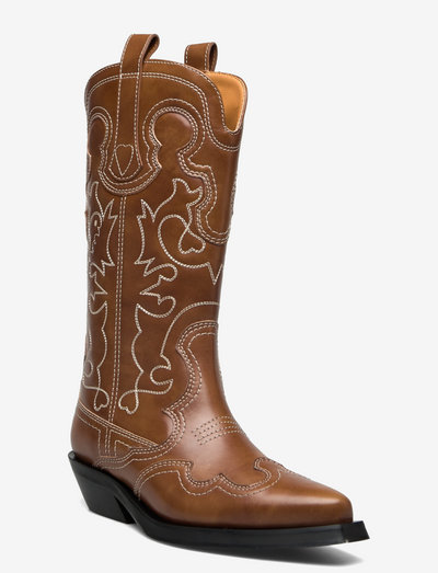 Mid Shaft Embroidered Western Boot - knee high boots - tiger's eye
