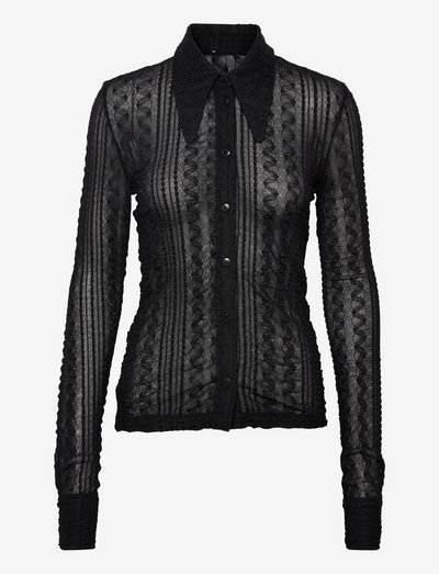 Stretch Lace Jersey Shirt - long sleeved blouses - black